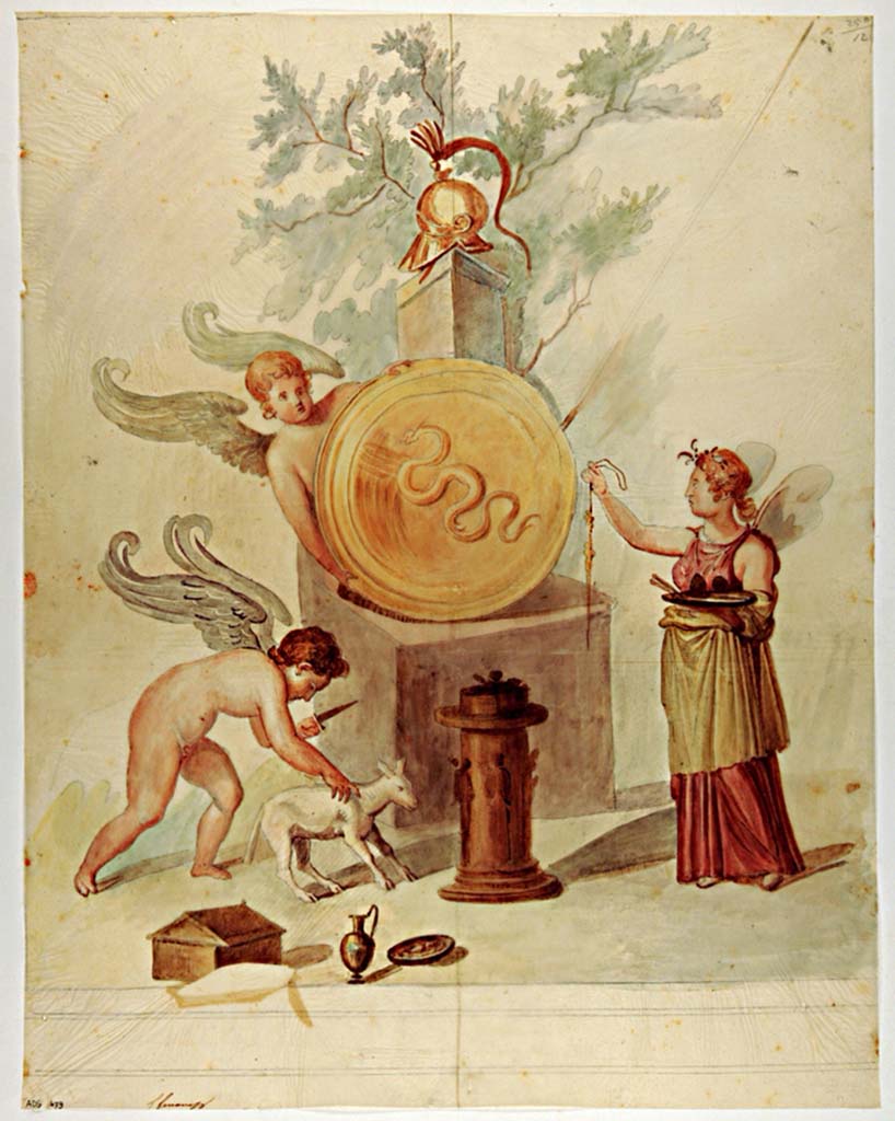 VII.4.59 Pompeii. Painting attributed to Giuseppe Marsigli, a copy of the painting of Cupids and Psyche making sacrifices to Mars.
Found in the Exedra or triclinium y, south wall.
Now in Naples Archaeological Museum. Inventory number ADS 679.
Photo © ICCD. http://www.catalogo.beniculturali.it
Utilizzabili alle condizioni della licenza Attribuzione - Non commerciale - Condividi allo stesso modo 2.5 Italia (CC BY-NC-SA 2.5 IT)