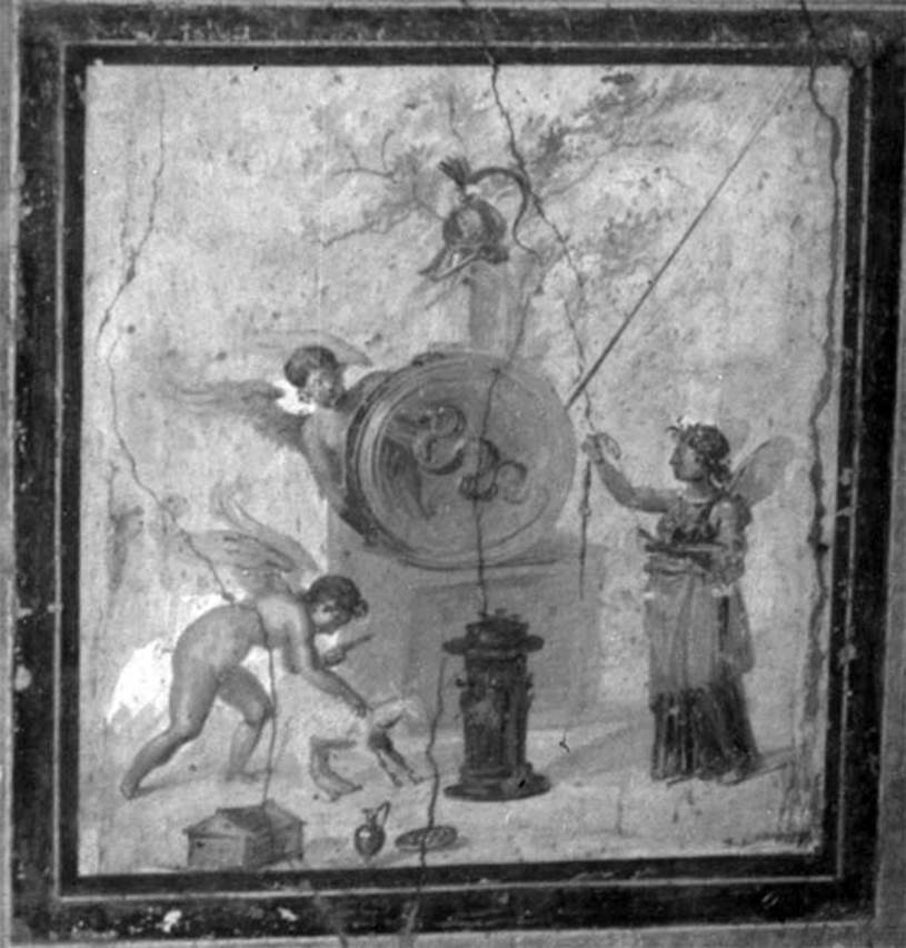 VII.4.59 Pompeii.Exedra or triclinium y, south wall. Painting of Cupids and Psyche making sacrifices to Ares. Now in Naples Archaeological Museum. See Bragantini, de Vos, Badoni, 1986. Pitture e Pavimenti di Pompei, Parte 3. Rome: ICCD, p. 148.