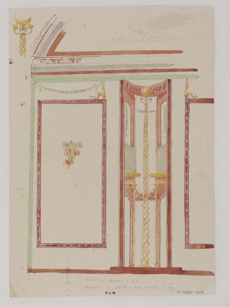 VII.4.62 Pompeii. c.1840. Painting by James William Wild of south end of west wall of vaulted cubiculum. 
Photo � Victoria and Albert Museum, inventory number E.3990-1938.
