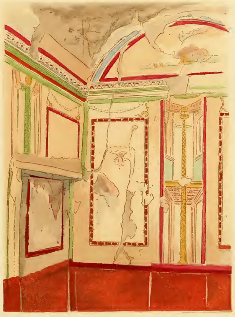 VII.4.62 Pompeii. Undated painting by Pierre Gusman, looking towards south-west corner of vaulted cubiculum.
See Gusman P., 1924. La D�coration Murale de Pompei. Paris : Moranc�, pl. XVIII,2.

