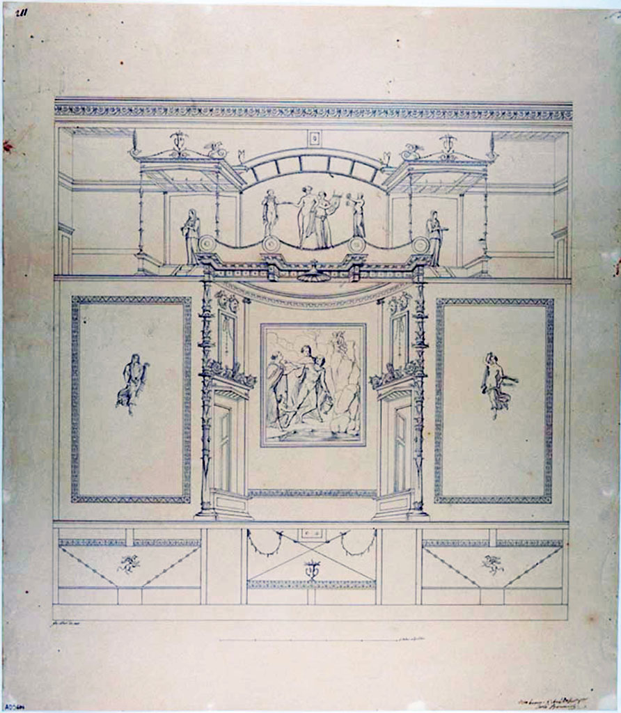 VII.4.62 Pompeii. Triclinium 7, north wall, drawing by Giuseppe Abbate showing the decoration now lost.
Now in Naples Archaeological Museum. Inventory number ADS 684.
Photo � ICCD. http://www.catalogo.beniculturali.it
Utilizzabili alle condizioni della licenza Attribuzione - Non commerciale - Condividi allo stesso modo 2.5 Italia (CC BY-NC-SA 2.5 IT)
The central fresco of the rape of Hylas is now in Naples Archaeological Museum. Inventory number 8882. In the panel on each side is a floating female figure.
In the architectural painting of the upper zone is Dionysus leaning on a Satyr playing the lyre, with a Silenus with tympanum and a Satyr with a flute.
Either side, standing at the top of steps are two female figures with utensils for a sacrifice in their hands.
In the lower zone are panels with two flying horses, crossed thyrsi, twirls of leaves and garlands of leaves.
At the top of the wall was a stucco frieze decorated with shields separating this area of the wall from the lunette above, but it is not included in Abbate's drawing.
The stucco frieze has been dated to the time of Vespasian.
See Carratelli, G. P., 1990-2003. Pompei: Pitture e Mosaici: Vol. VII. Roma: Istituto della enciclopedia italiana, p. 151-2, no. 18.

