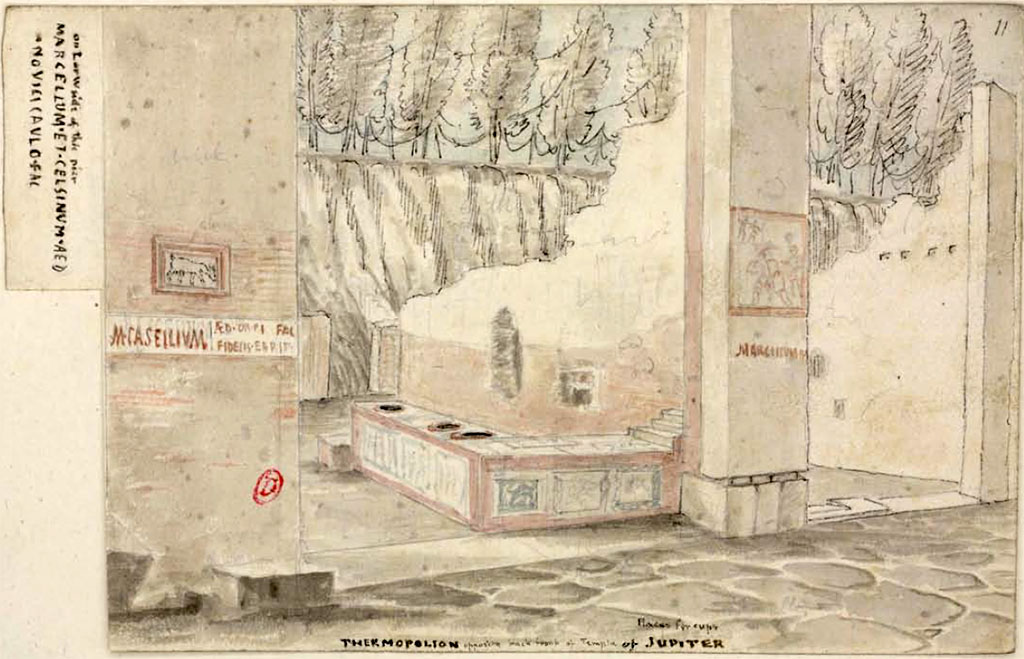 VII.5.15 Pompeii, on right. Between 1819 and 1832, sketch by W. Gell showing position of fresco of gladiators. 
Thermopolion opposite back front of Temple of Jupiter.
On L or W side of this pier
MARCELLVM ET CELSINVM AED
NOVICI CAVLO FAC
See Gell, W. Pompeii unpublished [Dessins de l'�dition de 1832 donnant le r�sultat des fouilles post 1819 (?)] vol II, pl. 72.
Biblioth�que de l'Institut National d'Histoire de l'Art, collections Jacques Doucet, Identifiant num�rique Num MS180 (2).
See book in INHA Use Etalab Licence Ouverte
