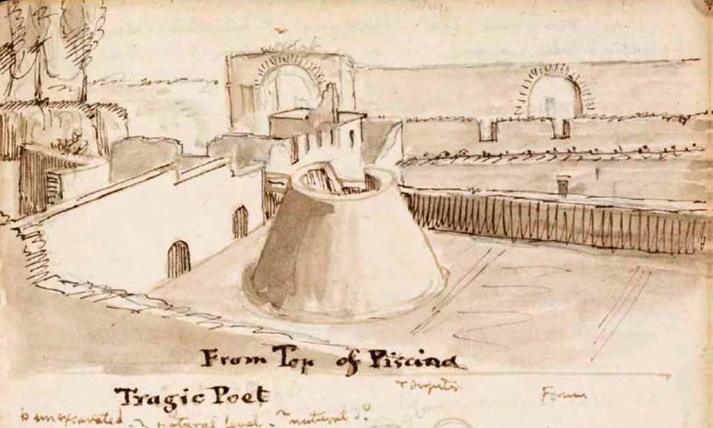 VII.5.19 Pompeii. c.1830. Drawing by Gell, looking south from roof of Baths towards arches into the Forum.
According to Gell, “this represents the place as it appears from the roof of the natatorium or piscina of the baths, the cone or dome of which forms a principal object in the foreground, and which, from its construction, would evidently have resisted the attacks of time, had it not projected above the soil of the vineyard.”
See Gell, W. Sketchbook of Pompeii, c.1830.
See book from Van Der Poel Campanian Collection on Getty website http://hdl.handle.net/10020/2002m16b425
See Gell, W, 1832. Pompeiana: Vol 1. London: Jennings and Chaplin, (p.82).