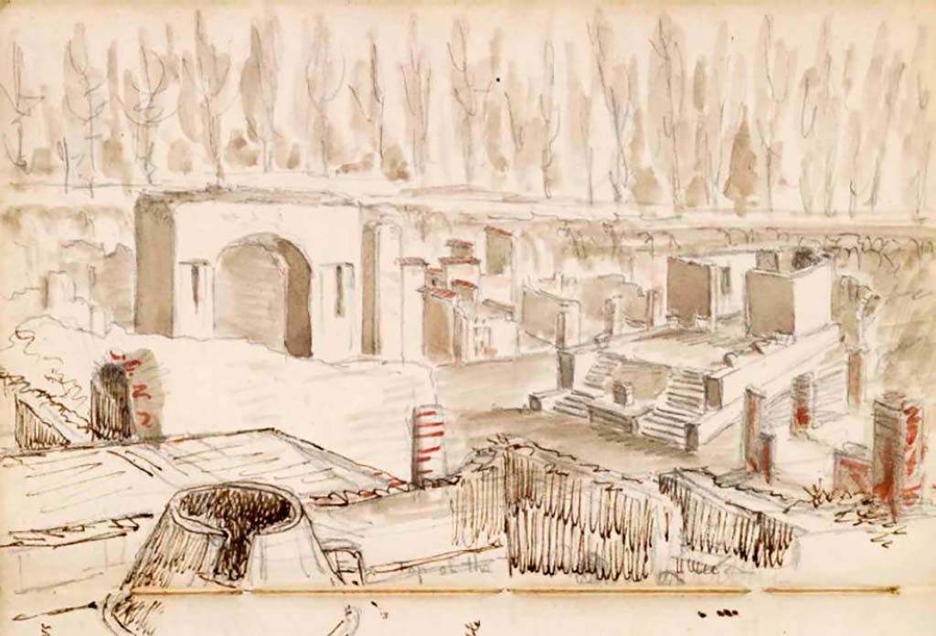 VII.5.19 Pompeii. c.1830. Drawing by Gell from roof of Baths area, looking north-east.
See Gell, W. Sketchbook of Pompeii, c.1830.
See book from Van Der Poel Campanian Collection on Getty website http://hdl.handle.net/10020/2002m16b425