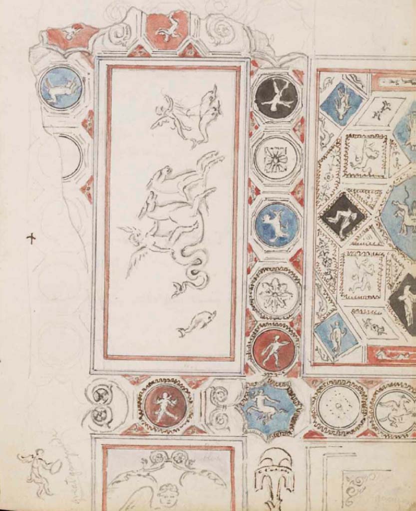 VII.5.24 Pompeii. c.1830. Drawing by Gell of detail of vaulted ceiling in south-east corner of tepidarium.
See Gell, W. Sketchbook of Pompeii, c.1830.
See book from Van Der Poel Campanian Collection on Getty website http://hdl.handle.net/10020/2002m16b425