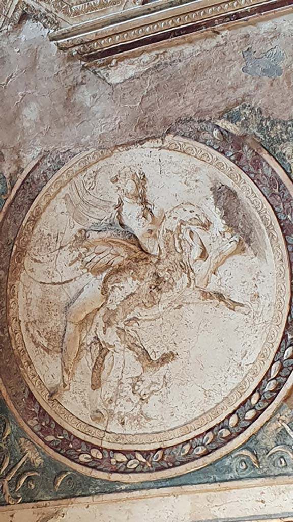 VII.5.24 Pompeii. August 2021.
Detail from ceiling plaster stucco in south-west corner of tepidarium (37).
Foto Annette Haug, ERC Grant 681269 DÉCOR.