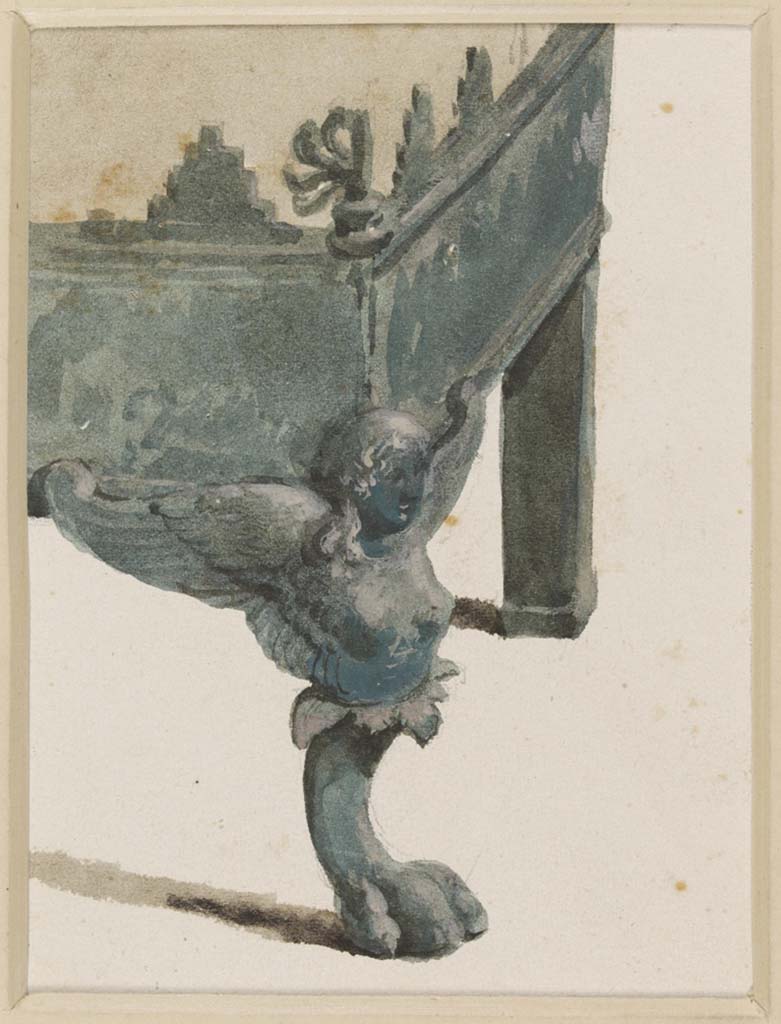 VII.5.24 Pompeii.
Undated watercolour by Luigi Bazzani, detail of winged figure decorating the foot of bronze brazier (38) in tepidarium (37).
Photo © Victoria and Albert Museum. Inventory number 2052-1900.