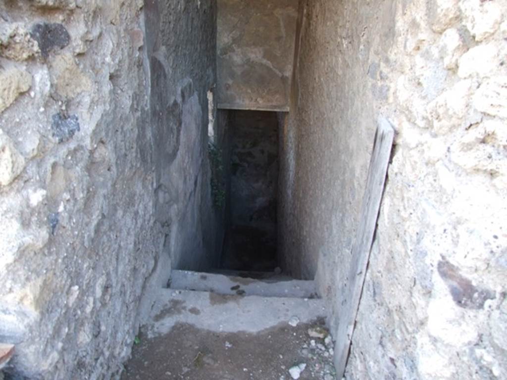 VII.6.3 Pompeii. December 2007. Staircase 16 to underground rooms. According to Spano the staircase had sixteen masonry steps of varying heights. There was a tall plaster plinth on both sides. The top was vaulted and received light from two skylights. See Notizie degli Scavi di Antichit�, 1910, p. 444.