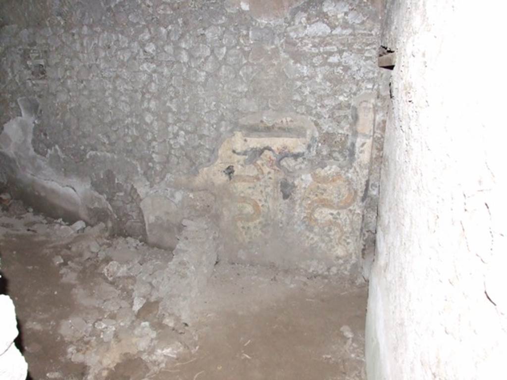 VII.6.3 Pompeii. December 2007. East end of north wall in kitchen g. Remains of Lararium wall painting, with ruins of masonry structure on its west side. According to Spano there were three low walls at right angles to the north wall. See Notizie degli Scavi di Antichit�, 1910, p. 444.