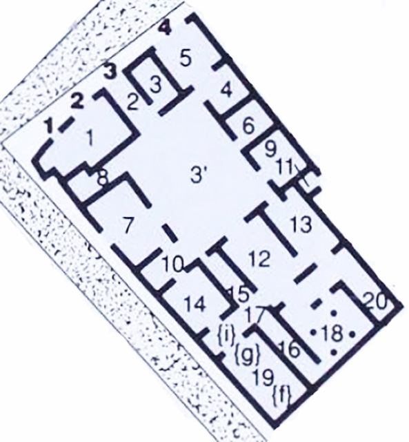 VII.6.3 Pompeii. December 2004. Looking south across site of atrium, tablinum and garden. In January 1761, two seal/signets were found in this area – one showed the letters 
M(arci)  Spuri
Saturnini    [CIL X, 8058, 83]  Now in Naples Archaeological Museum, inventory number 4748.
The other showed the letters
D(ecimi)  Volci  D(ecimi)  f(ilii)
Modesti      [CIL X, 8058, 95]  Now in Naples Archaeological Museum, inventory number 4754
These seals gave the house its alternative name to Casa della Diana III. 
See Pagano, M. and Prisciandaro, R., 2006. Studio sulle provenienze degli oggetti rinvenuti negli scavi borbonici del regno di Napoli. Volume 1.  Naples : Nicola Longobardi.  (p. 37
They can be seen as Rami Inediti, fig 30b, and Rami Inediti, fig 65 a-b.
See Pagano, M. and Prisciandaro, R., 2006. Studio sulle provenienze degli oggetti rinvenuti negli scavi borbonici del regno di Napoli. Volume 2: Indexes.  Naples : Nicola Longobardi. (p. 331)
