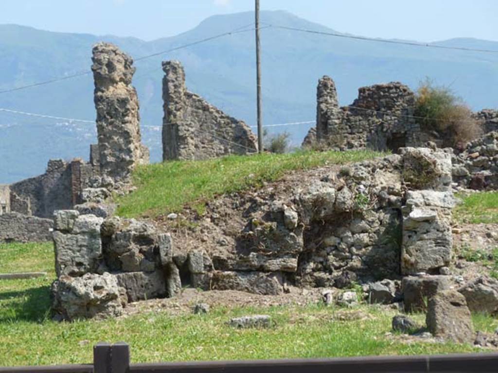 VII.6.7 Pompeii. May 2011. Looking south towards site of remains of rooms on the west side of the tablinum and atrium.
This area could be approximately the site of the right ala.
According to Boyce, in the right ala of the atrium stood a large masonry podium, which Fiorelli thought may have been the base of a Lararium.
See Boyce G. K., 1937. Corpus of the Lararia of Pompeii. Rome: MAAR 14. (p.67. no.288).