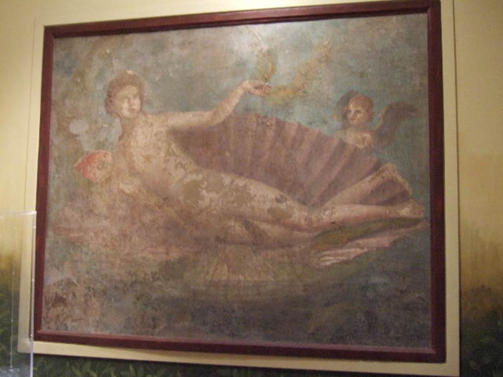 VII.6.7 Pompeii. Found 6th March 1762. Wall painting of The Birth of Venus in a shell on the sea. Now in Naples Archaeological Museum. Inventory number 27704. See Pagano, M. and Prisciandaro, R., 2006. Studio sulle provenienze degli oggetti rinvenuti negli scavi borbonici del regno di Napoli Naples : Nicola Longobardi. (p. 40).
See De Caro, S., Ed., 2000. The Secret Cabinet in the National Archaeological Museum of Naples. Napoli: Electa. (p.26).
See Richardson, L., 2000. A Catalog of Identifiable Figure Painters of Ancient Pompeii, Herculaneum. Baltimore: John Hopkins. (p. 94 and p. 103)