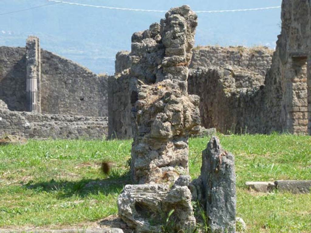 VII.6.7 Pompeii. May 2011.
Looking south across site of atrium towards remains of dividing wall between oecus on east side of tablinum, on left.
On the right would be the east side of the tablinum, looking towards site of garden area, and towards VII.6.28.
Photo courtesy of Michael Binns.
