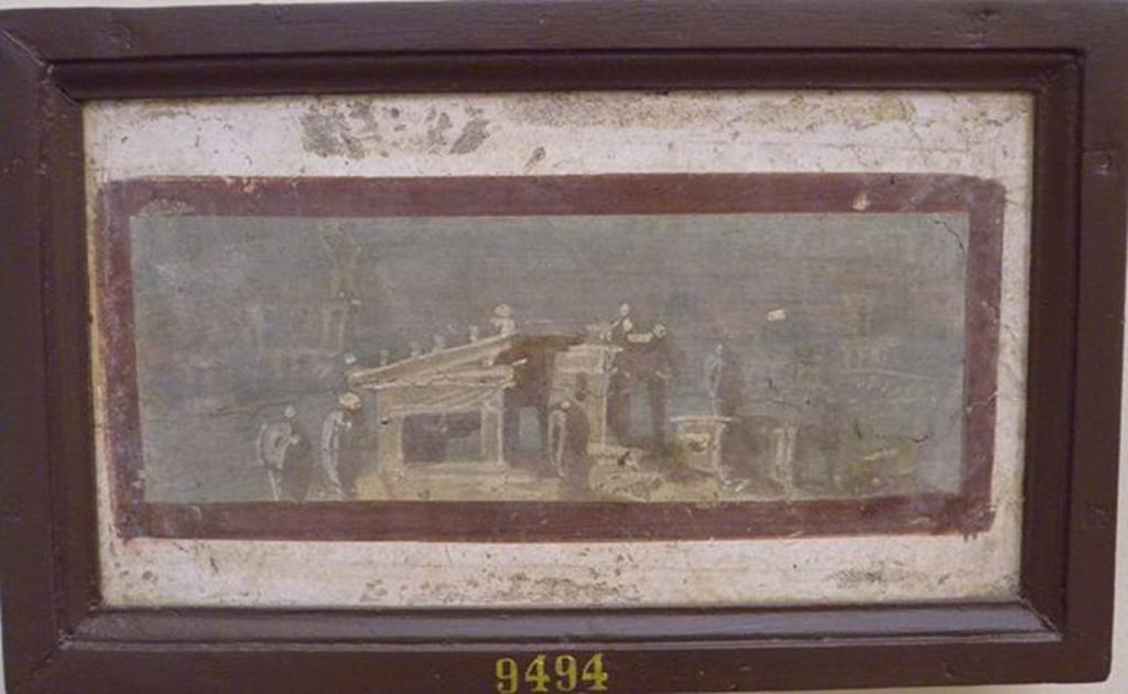 VII.6.7 Pompeii. 17th January 1762. “Found within 30 paces from where we found the Diana (VII.6.3)”. Wall painting of shrine within an enclosure. Now in Naples Archaeological Museum. Inventory number 9494. See Prisciandaro, R., 2006. Studio sulle provenienze degli oggetti rinvenuti negli scavi borbonici del regno di Napoli: Una lettura integrata, coordinata e commentata della documentazione Volume 1. Naples : Nicola Longobardi. (p40).