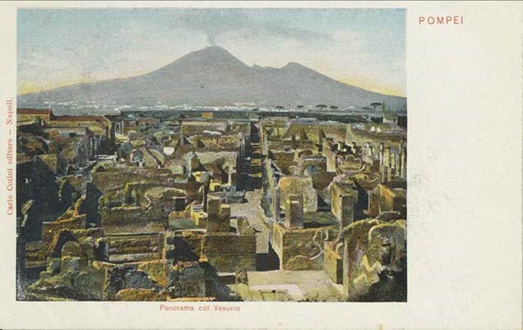 VII.6.7 Pompeii. Late 19th century postcard. Looking north from above atrium and impluvium of VII.6.7. The entrance doorway would have been the one on the right of the centre of the photo. This shows the north wall of the atrium, and the rear of VII.6.4, 5 and 6. The entrance doorway leading into the atrium of VII.6.3 can be seen on the left. Photo courtesy of Rick Bauer.