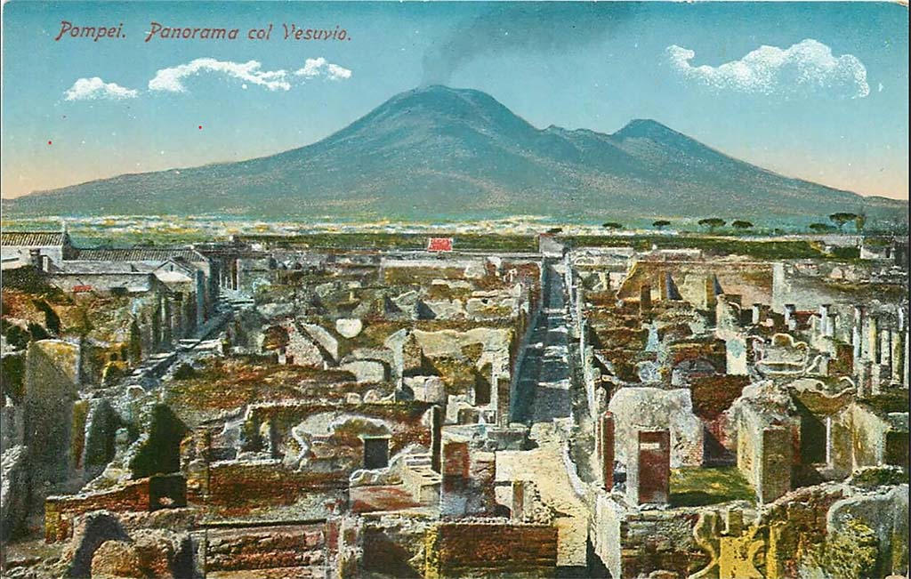 VII.6.7 Pompeii. Undated postcard. Looking north from above atrium of VII.6.7.
The entrance doorway would have been the one on the right of the centre of the photo, opposite Via Consolare.
This shows the north wall of the atrium, at the rear of VII.6.4, 5 and 6. Photo courtesy of Drew Baker.