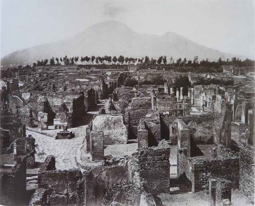 VII.6.7 Pompeii. Abt. 1870. Looking north from above atrium of VII.6.7 on left, and atrium of VII.6.11 on right. The entrance doorway of VII.6.7 would have been the one on the left of the photo. This would have led into the atrium, on the left of the entrance upon entering there would have been a cubiculum. This can be seen here on the right of the entrance, in the middle of the photo.