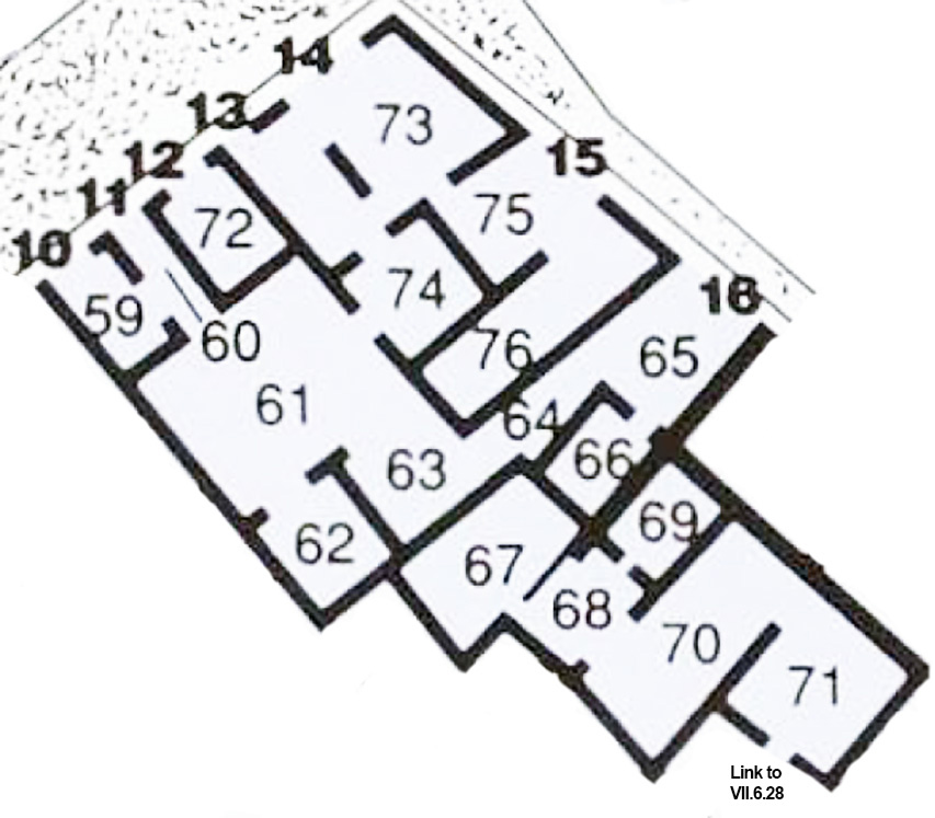VII.6.11 Pompeii. Plan based on PPM.
See Carratelli, G. P., 1990-2003. Pompei: Pitture e Mosaici: Vol. VII. Roma: Istituto della enciclopedia italiana, p. 180.