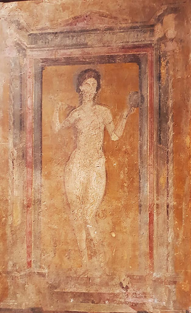 VII.6.13/14 Pompeii. Painting of Venus with her mirror, from the wall in front of a sort of shop, at the side of the Large Baths.
Two paintings were found, this one from the rear wall was detached and taken to Naples Archaeological Museum, inventory number 28873.
Our thanks to Rachel Lowder for helping with this.
