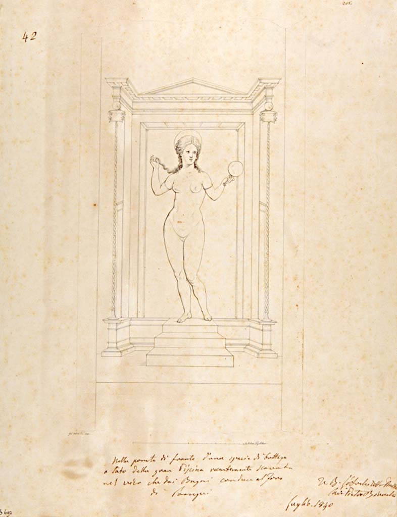 VII.6.13/14 Pompeii. Drawing by Giuseppe Abbate, 1840, copy of a painting of Venus with her mirror held in the left hand.
Two paintings were found, this one from the rear wall was detached and taken to Naples Archaeological Museum, inventory number 28873.
The other presumably was left in situ, and lost.
The writing below the drawing said
“Nella parete di fronte d’una specie di bottega a lato dell gran Piscine recentemente scavata nel vico che dai Bagni conduce al Foro di Pompei”
Now in Naples Archaeological Museum. Inventory number ADS 692.
Photo © ICCD. http://www.catalogo.beniculturali.it
Utilizzabili alle condizioni della licenza Attribuzione - Non commerciale - Condividi allo stesso modo 2.5 Italia (CC BY-NC-SA 2.5 IT)