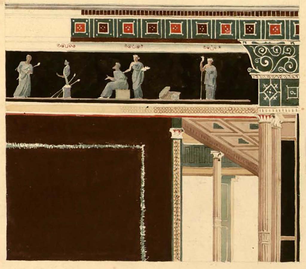VII.6.28 Pompeii. Painting by Felix Duban of architectural features and bacchic scenes – Musée de Portici.
See Duban F. Album de dessins d'architecture effectués par Félix Duban pendant son pensionnat à la Villa Medicis, entre 1823 et 1828: Tome 2, Pompéi, pl. 172.
INHA Identifiant numérique NUM PC 40425 (2)
https://bibliotheque-numerique.inha.fr/idurl/1/7157 « Licence Ouverte / Open Licence » Etalab