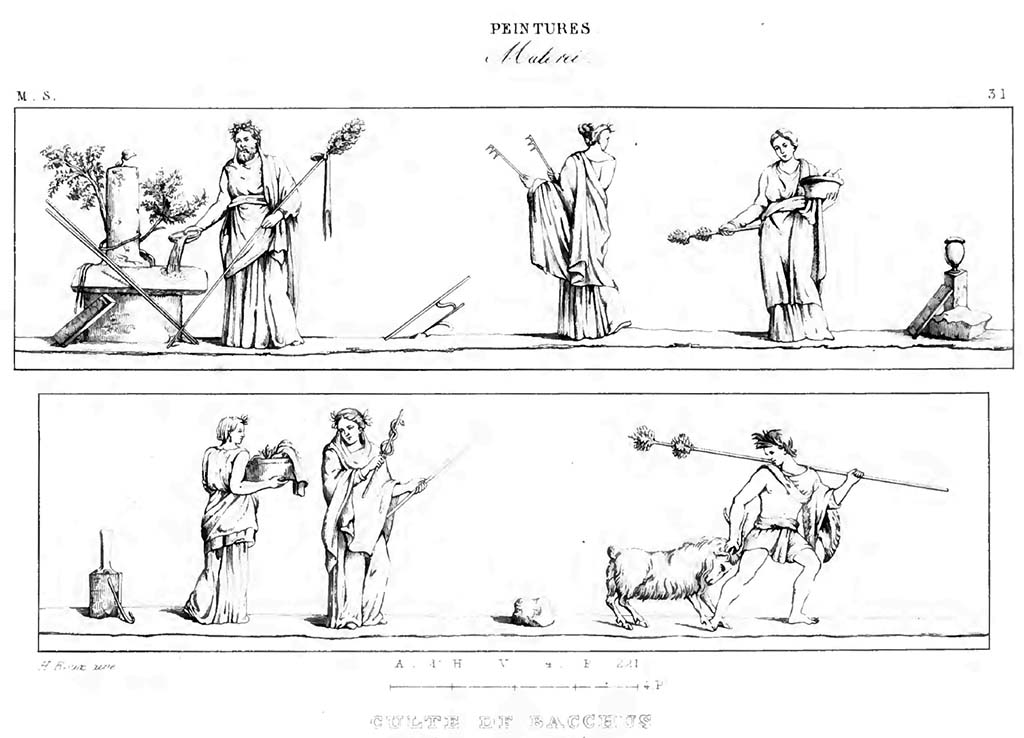 VII.6.28 Pompeii. Paintings from the corniche with bacchic scenes with six people, and a goat.
See Roux, H., 1840. Herculanem et Pompei recueil général des Peintures, Bronzes, Mosaïques : Tome 8, Musée Secret. Paris : Didot, pl. 31.