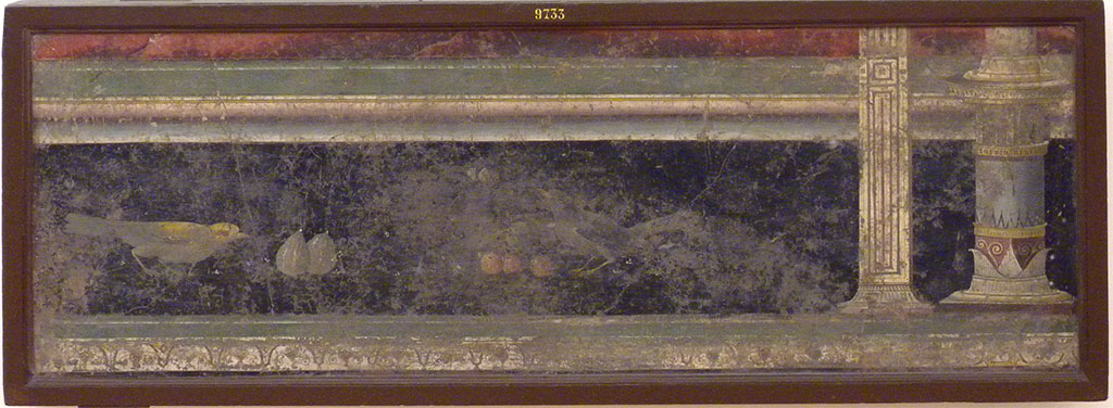 VII.6.28 Pompeii. Found on 30th April 1762. Painting of bird eating figs and a bird eating fruit from a branch.
Now in Naples Archaeological Museum. Inventory number 9733.
See Antichità di Ercolano: Tomo Quarto: Le Pitture 4, 1765, 25, 123.
See Helbig, W., 1868. Wandgemälde der vom Vesuv verschütteten Städte Campaniens. Leipzig: Breitkopf und Härtel, (1620).