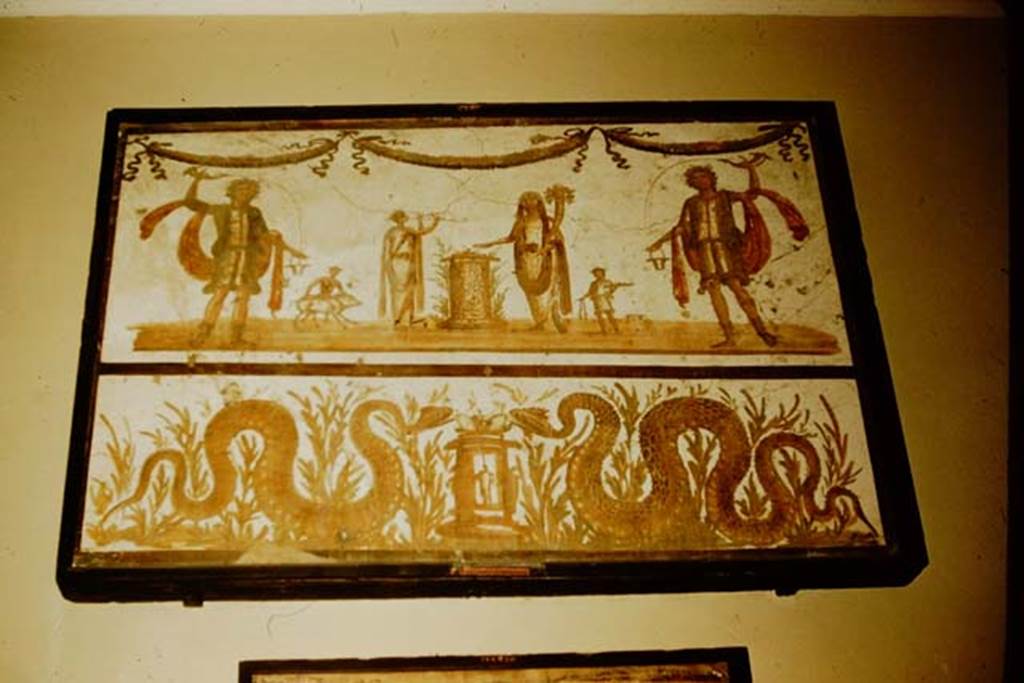 VII.6.38 Pompeii. 1957. Lararium painting from the kitchen.
Naples Archaeological Museum inventory number 8905. Photo by Stanley A. Jashemski.
Source: The Wilhelmina and Stanley A. Jashemski archive in the University of Maryland Library, Special Collections (See collection page) and made available under the Creative Commons Attribution-Non Commercial License v.4. See Licence and use details.
J57f0515
According to Boyce –
“Villa of Julia Felix” – Somewhere in this villa-like complex (the exact location is unknown) was found a lararium painting (h.1.21, w.1.78) done in two zones upon a white ground …………… He then quoted various sources which identified this same painting.
However, other sources identify this painting as being from VII.6.38. (We have entered it into both locations).
See Boyce G. K., 1937. Corpus of the Lararia of Pompeii. Rome: MAAR 14. (p.95, no.470).