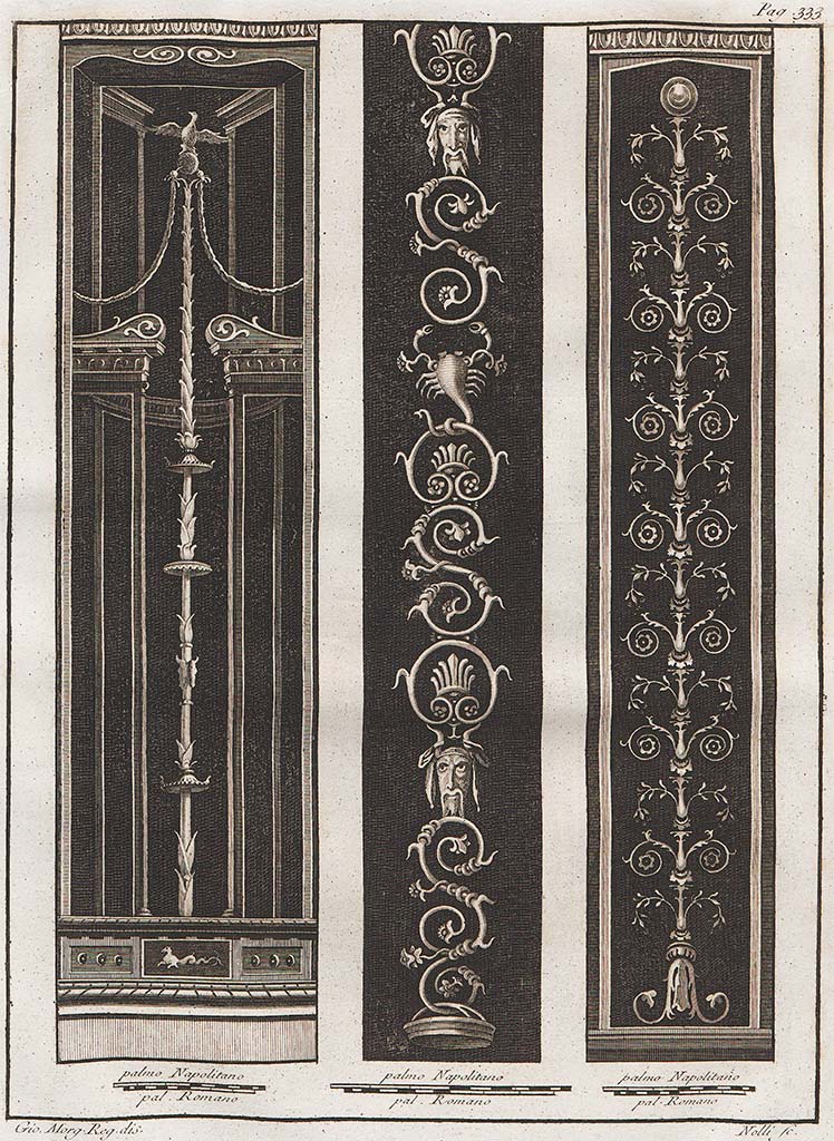VII.6.38 Pompeii. Painted candelabra found -
1, on left, found Cività, 25th May 1761.
With black background containing a capricious architecture of a yellow tint, two lists are red; the festoons are green: the eagle was reddish in color; the candlestick was red; the picture, where you can see a sea horse was green; The two side panels were yellow.
2, in centre, found Gragnano, 10th September 1761. =_MANN 9758
All the decorations, the two masking (perhaps Bacchic), the scorpion, and the basket, are all yellow.
3, on right, was found with no.1, in Cività, 25th May 1761.
Candelabra with plate above, and with several arabesques, all the colour of light red, (see below).
Le Antichità di Ercolano, (4), p.333, no.67
According to Pagano and Prisciandaro, these, along with other paintings, were described on 30th May 1761, as being found in this house.
See inventory number: 9963 and 9959 at Naples Archaeological Museum.
(9767 may also have been found in the same room – this would apply to the centre candelabra (9758) from Villa Arianna at Stabiae).
See Pagano, M. and Prisciandaro, R., 2006. Studio sulle provenienze degli oggetti rinvenuti negli scavi borbonici del regno di Napoli. Naples: Nicola Longobardi, p. 38, and PAH I, addendum 142-143.