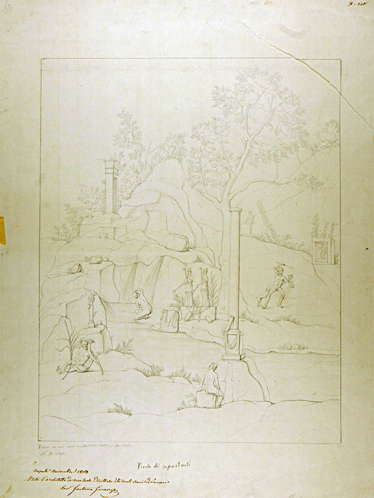 VII.7.19 Pompeii. 1859. Drawing by Nicola La Volpe, of painting showing Acteon being attacked by the dogs.
This drawing was described as being from “the new excavation to the north behind the civil forum” “Vicolo dei Soprastanti”.
Now in Naples Archaeological Museum. Inventory number ADS 705.
Photo © ICCD. https://www.catalogo.beniculturali.it
Utilizzabili alle condizioni della licenza Attribuzione - Non commerciale - Condividi allo stesso modo 2.5 Italia (CC BY-NC-SA 2.5 IT)
According to Fiorelli in PAH, 2, p.688, 19th December 1859 –
“Today, paintings were sent to Real Museo Borbonici which had been detached from the walls by Luigi Piedimonte……”
“…….and finally a painting from the house at the back of the Temple of Venus, perhaps Diana bathing…..”.
Helbig said that “according to Fiorelli this painting had been taken to the Museum, but where I have searched in vain”.
See Helbig, W., 1868. Wandgemälde der vom Vesuv verschütteten Städte Campaniens. Leipzig: Breitkopf und Härtel.,(251).