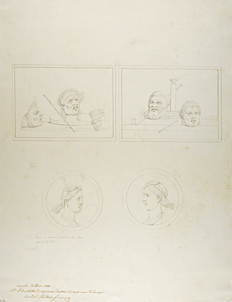 VII.7.19 Pompeii? Drawing by Nicola La Volpe, 1860, showing panels of still-lifes with masks, and medallions with feminine heads.
These being described as “paintings to the north behind the civil forum”.
These were not identified in situ, and therefore dubiously attributed to this house on the base of the captions.
Now in Naples Archaeological Museum. Inventory number ADS 710.
Photo © ICCD. https://www.catalogo.beniculturali.it
Utilizzabili alle condizioni della licenza Attribuzione - Non commerciale - Condividi allo stesso modo 2.5 Italia (CC BY-NC-SA 2.5 IT)
