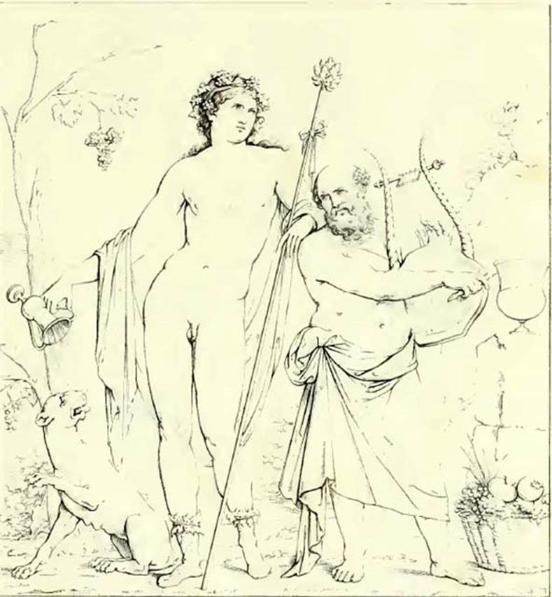 VII.7.32 Pompeii. 1825 drawing of the painting of Bacchus and Silenus. Small room at the rear of the temple. Bacchus was holding the thyrsus in one hand and an upended cup in the other, with the panther below. Silenus was playing his lyre for the god, with a basket of fruit by his feet. See Real Museo Borbonico II, 1825, pl. 35.
According to Garcia y Garcia, this painting is now held at the Naples Museum, inventory number 9269. See Garcia y Garcia, L., 2006. Danni di guerra a Pompei. Rome: L’Erma di Bretschneider. (p.112)