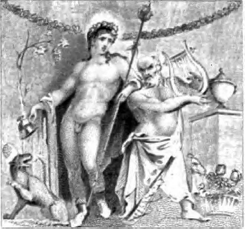 VII.7.30/32 Pompeii. 1852 drawing by Gell of the painting of Bacchus and Silenus. Small room at the rear of the temple.
According to Kuivalainen: There are four 19th century versions of this painting, with only minor differences between them. The basic composition is with two persons. An almost naked youth with a cloak around his arms and wearing boots stands in the middle, leaning on the shoulder of Silenus, who plays the lyre; the youth pours wine from a cantharus in his right hand. In the foreground, on the left, sits a panther with left foreleg raised (in three versions, interpreted as a winged cupid in one) drinking the wine. In the background, a landscape with rocks and a vine, on the right side a basket full of fruit and a crater on a short pillar.
Gell claims that the painting "had been anciently removed from another situation" and neatly fastened.
The drawing published by Gell is not as precise as the one by Bechi.
See Kuivalainen, I., 2021. The Portrayal of Pompeian Bacchus. Commentationes Humanarum Litterarum 140. Helsinki: Finnish Society of Sciences and Letters, p. 168.