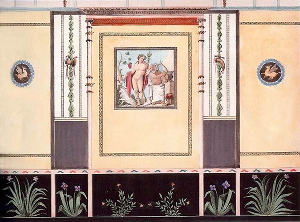 VII.7.30/32 Pompeii. 1834 painting of the wall of the small room with the painting of Bacchus and Silenus.
Bacchus was holding the thyrsus in one hand and an upended cup in the other; Silenus was playing his lyre for the god.
Mazois could not understand why the artist had drawn a Billy goat rather than the panther seen in the original.
See Mazois, F., 1838. Les Ruines de Pompei : Quatrième Partie. Paris: Didot Frères, p. 39, note (1), pl. XLII.