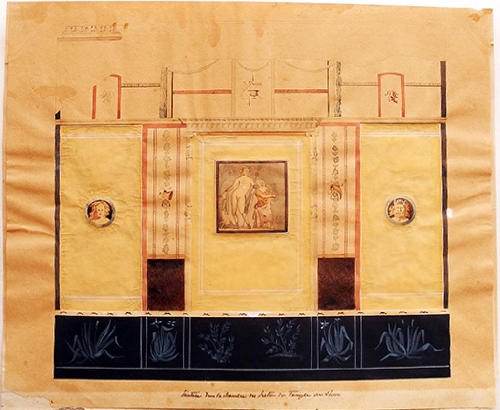 VII.7.30/32 Pompeii. c.1832.
Painting by Edmond Chambert, showing wall with central painting of Bacchus and Silenus, from the small room at the rear, opposite the entrance doorway.
See Chambert, E., 1832. Dessins de Pompeia. (p.19).