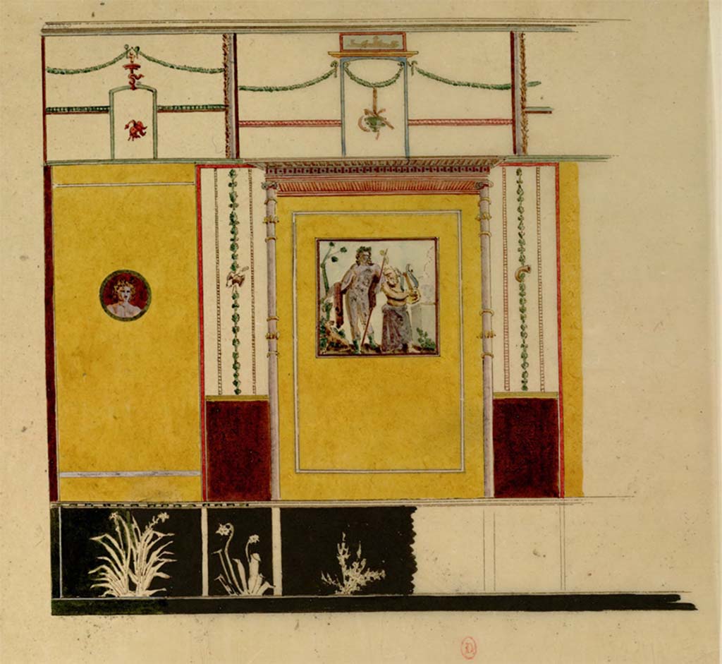 VII.7.30/32 Pompeii. c.1817. Watercolour sketch by Chenavard of part of wall decoration with painting of Bacchus and Silenus.
See Chenavard, Antoine-Marie (1787-1883) et al. Voyage d'Italie, croquis Tome 3, pl. 108.
INHA Identifiant numérique : NUM MS 703 (3). See Book on INHA
Document placé sous « Licence Ouverte / Open Licence » Etalab