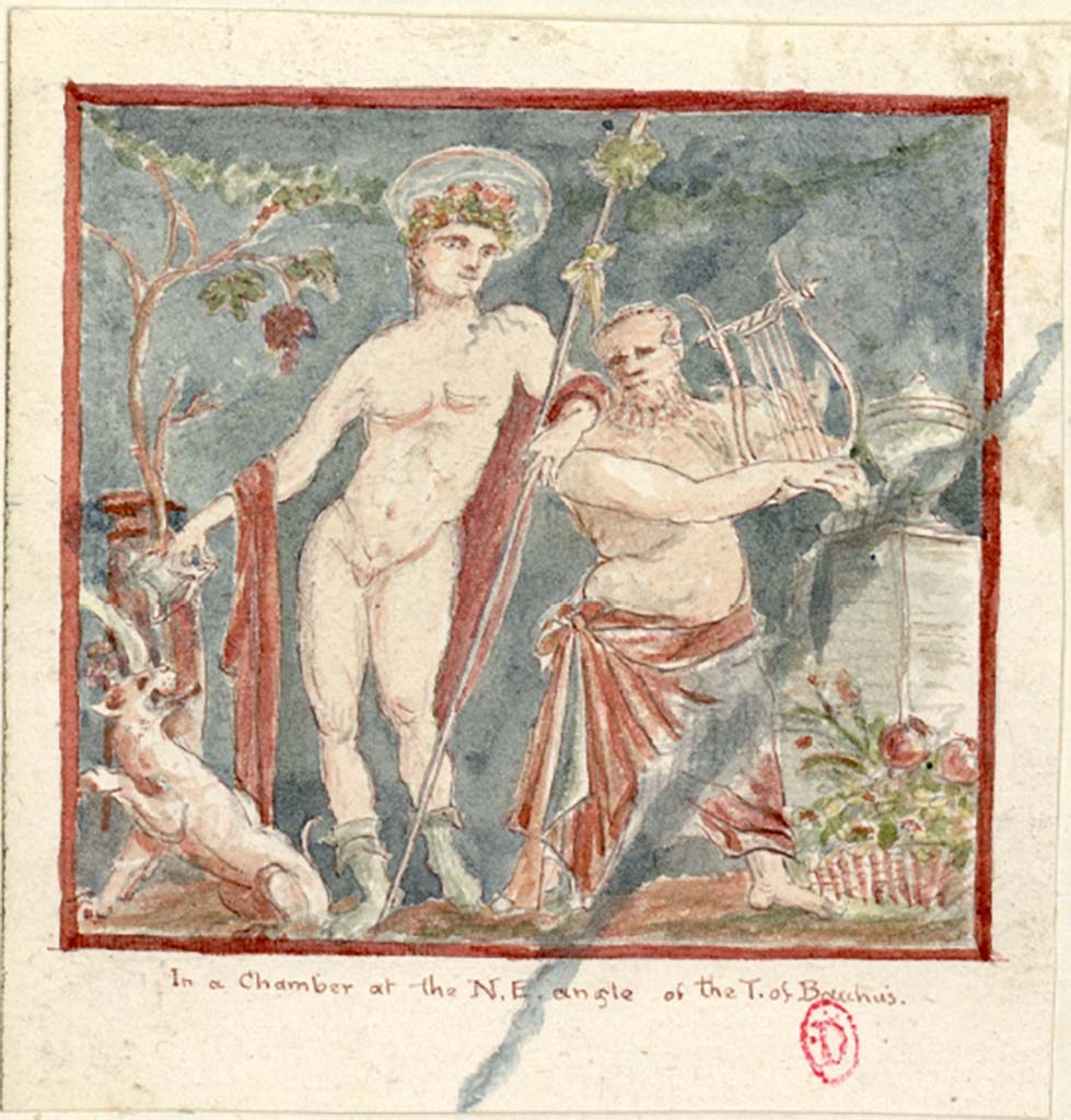 VII.7.30/32 Pompeii. c.1819 painting by W. Gell painting of Bacchus and Silenus, from a chamber at the N.E angle of the Temple of Bacchus.
See Gell W & Gandy, J.P: Pompeii published 1819 [Dessins publi�s dans l'ouvrage de Sir William Gell et John P. Gandy, Pompeiana: the topography, edifices and ornaments of Pompei, 1817-1819], pl. 66.
See book in Biblioth�que de l'Institut National d'Histoire 