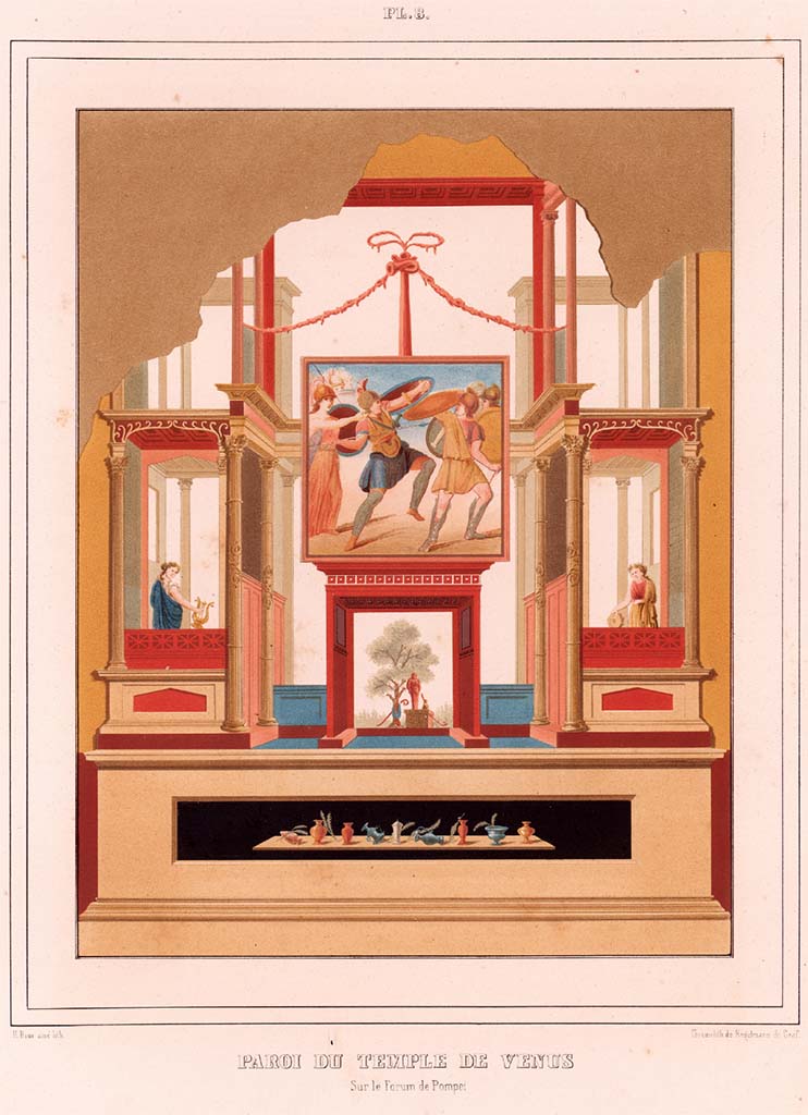VII.7.32, Pompeii. Pre-1846. Painting by Raoul Rochette of a wall in the Temple of Venus.
See Raoul-Rochette M., 1846. Choix de Peintures de Pompei. Paris : L’Imprimerie Royale, pl. 8.
