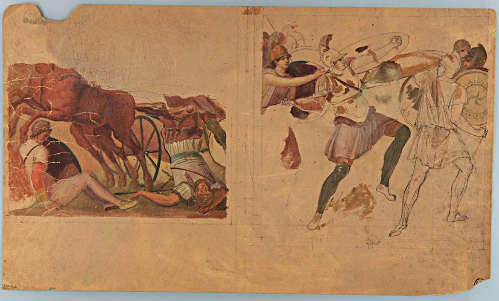 VII.7.32 Pompeii. Paintings by Francesco Morelli, with scenes from the Iliad, seen on the walls of the portico.
The body of Hector on the chariot is the scene on the left.
See Helbig, W., 1868. Wandgemälde der vom Vesuv verschütteten Städte Campaniens. Leipzig: Breitkopf und Härtel, (1324 and 266)
Now in Naples Archaeological Museum. Inventory number ADS 696.
Photo © ICCD. http://www.catalogo.beniculturali.it
Utilizzabili alle condizioni della licenza Attribuzione - Non commerciale - Condividi allo stesso modo 2.5 Italia (CC BY-NC-SA 2.5 IT)