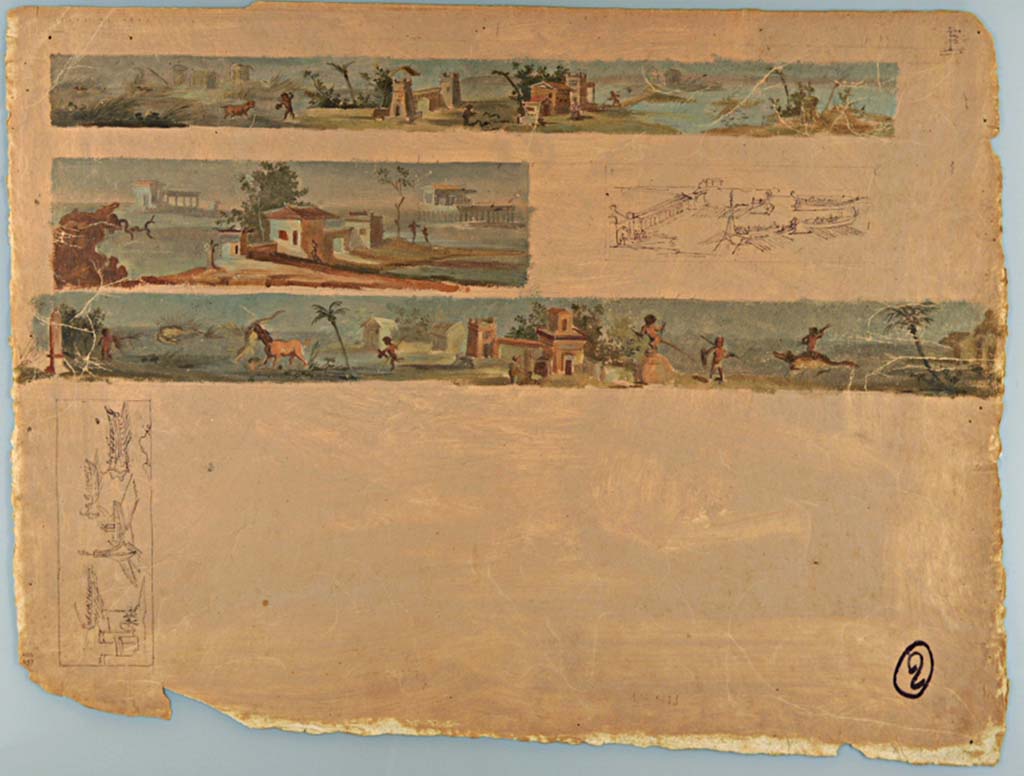 VII.7.32 Pompeii. Paintings by Francesco Morelli, of a frieze and panels from the portico walls, with scenes of Nile landscapes.
Now in Naples Archaeological Museum. Inventory number ADS 697.
Photo © ICCD. http://www.catalogo.beniculturali.it
Utilizzabili alle condizioni della licenza Attribuzione - Non commerciale - Condividi allo stesso modo 2.5 Italia (CC BY-NC-SA 2.5 IT)