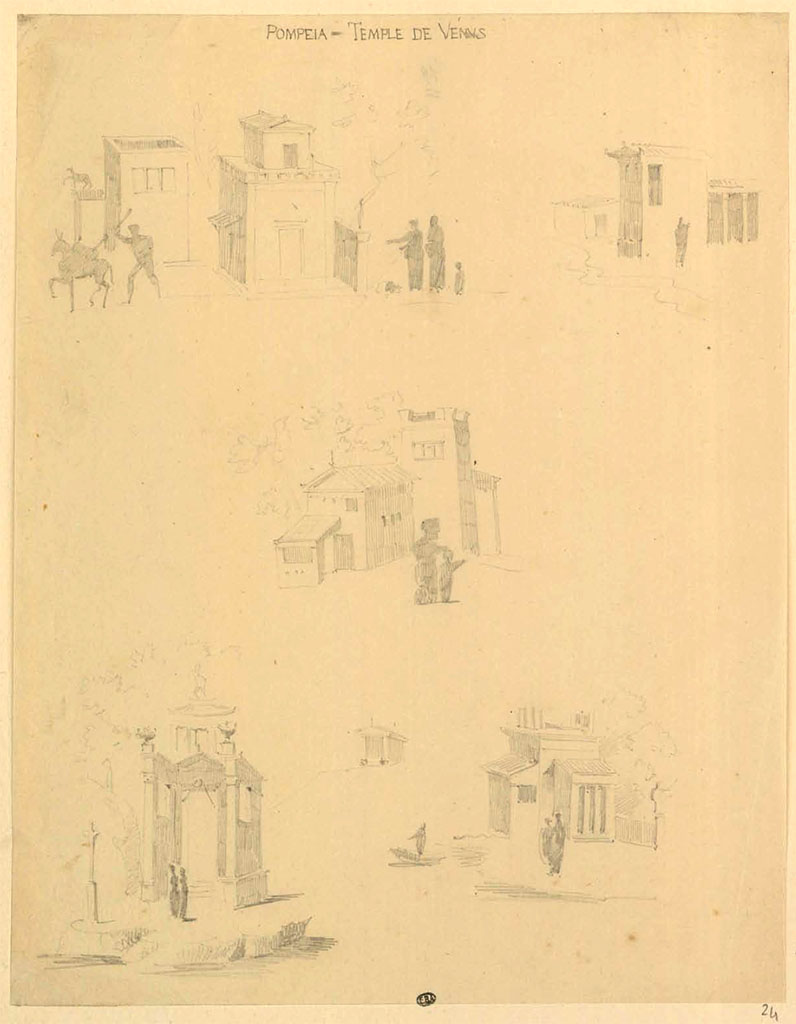 VII.7.32 Pompeii. Between 1823 and 1828, sketches from “Temple of Venus” from walls.
See Duban F. Album de dessins d'architecture effectués par Félix Duban pendant son pensionnat à la Villa Médicis, entre 1823 et 1828: Tome 2, Pompéi, pl. 24.
INHA Identifiant numérique NUM PC 40425 (2)
https://bibliotheque-numerique.inha.fr/idurl/1/7157 « Licence Ouverte / Open Licence » Etalab