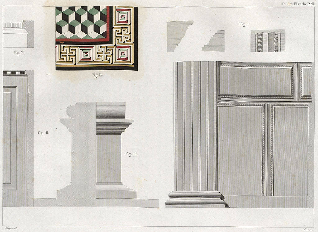 VII.7.32 Pompeii. Detail of mosaic floor, and stucco from the ruined walls of the cella on top of the podium, by Mazois.
Fig. I: a part of the exterior side wall with its pilaster, and the slits which decorate it on the exterior.
Fig. II: represents the inner base of the walls of the cella,
Fig. III: detail of the altar, the left part shows half of the smallest side: the other half offers the profile only of the larger side,
Fig. IV: showing the flooring of the cella in coloured marble,
Fig. V: showing on a larger scale, the detail of the upper part of this decoration (see Fig. II), made of stucco and whose elongated denticles are noticeable.
See Mazois, F., 1838. Les Ruines de Pompei : Quatrième Partie. Paris : Didot Frères, pl. XXIII, and p. 44.