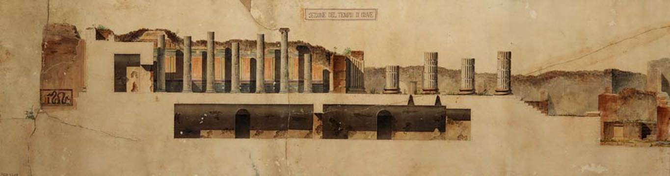 VII.8. Pompeii Forum. Painting by Pasquale Maria Venera, of west side section of the Temple of Jupiter.
On the left, starting in the Via dei Soprastanti, the painting shows the street lararium painted on the pier of the arch known as Caio or Lucio Cesare, not documented in any other design. Also shown are the vaulted rooms beneath the podium.
Now in Naples Archaeological Museum. Inventory number ADS 1210a.
Photo © ICCD. http://www.catalogo.beniculturali.it
Utilizzabili alle condizioni della licenza Attribuzione - Non commerciale - Condividi allo stesso modo 2.5 Italia (CC BY-NC-SA 2.5 IT)