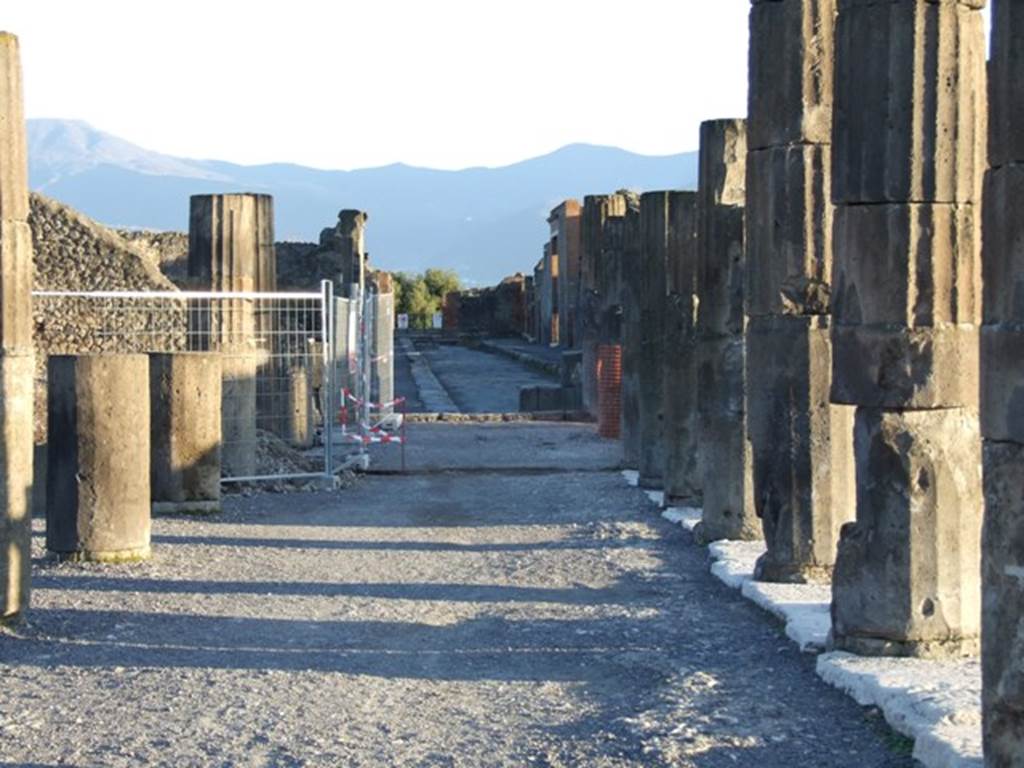 VII.8 Pompeii Forum. March 2009. Excavation outside VIII.3.32 on south east side of Forum. Looking south to Via delle Scuole.