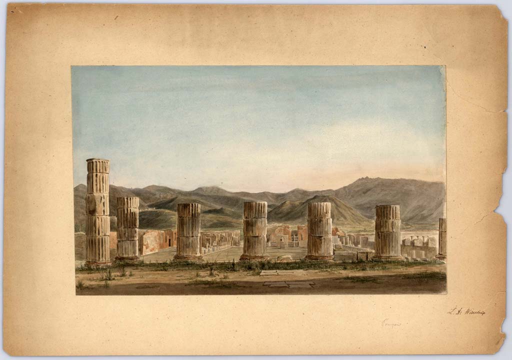 VII.8.1 Pompeii. 1849. Painting by Laurits Albert Winstrup. Looking south from Temple of Jupiter across the Forum.
Photo © Danmarks Kunstbibliotek, inventory number ark_6105.