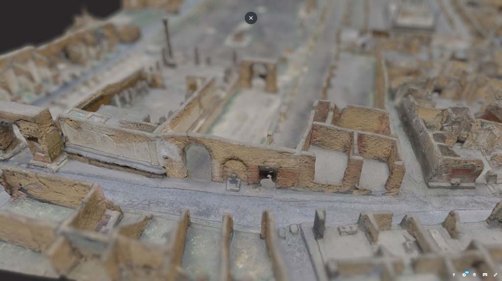 VII.8.1 Pompeii. March 2019. Detail from model in Naples Archaeological Museum.
Looking towards south side of Vicolo dei Soprastanti.
On the left is the Arch in the north-east corner of the Forum, next to the rear of the Temple of Jupiter.
Foto Taylor Lauritsen, ERC Grant 681269 DÉCOR