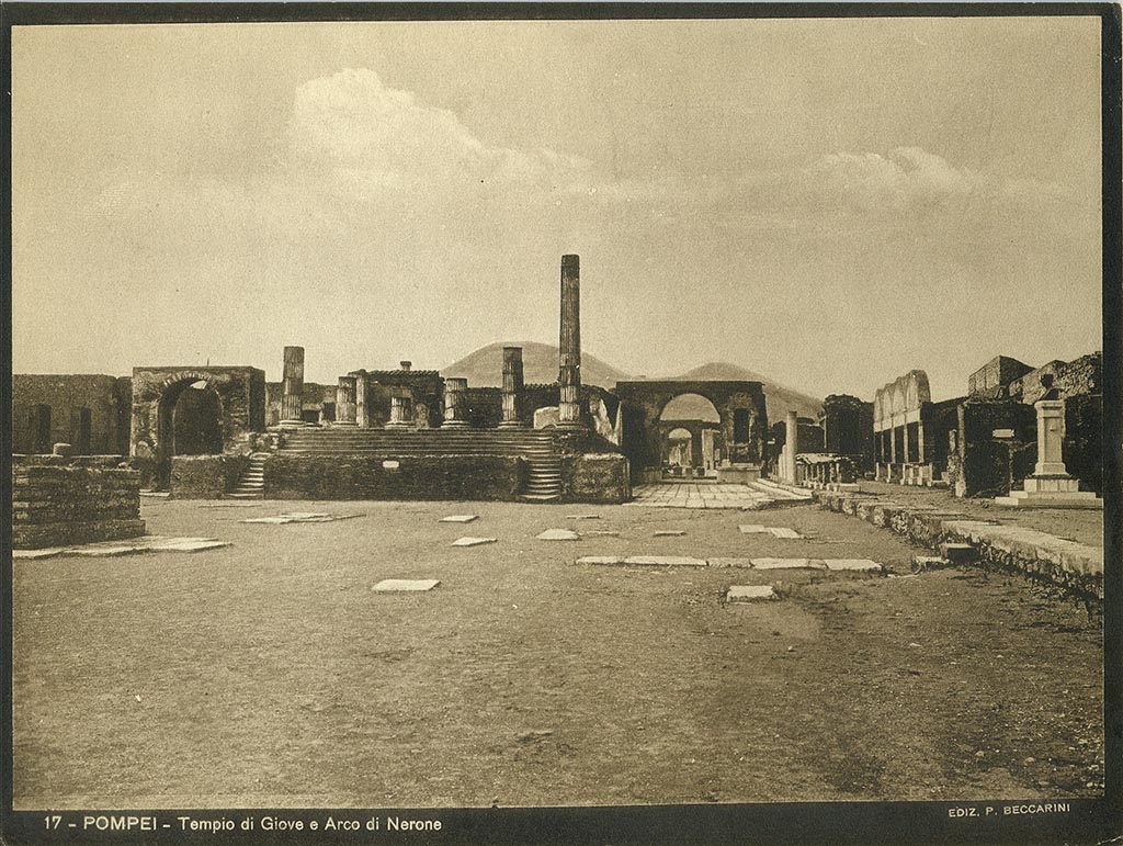 VII.8.1 Pompeii. Late 19th century or early 20th century photograph by Beccarini numbered 17.
Looking north along east side of the Forum. The bust of Fiorelli can be seen on the right. Photo courtesy of Rick Bauer.
