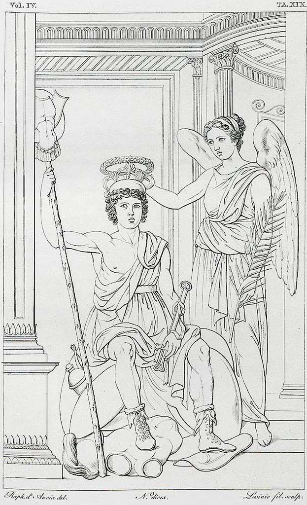 VII.9.7 and VII.9.8 Pompeii. Macellum. Pre-1827.
Drawing of painting of Victory crowning a triumphant warrior from west wall.
See Real Museo Borbonico, 1827, vol. IV, Tav. XIX (19).