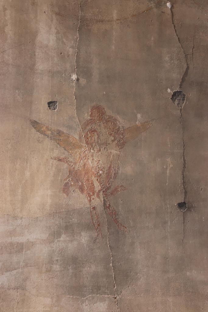 VII.9.7/8 Pompeii. October 2022.
Detail of painting of flying figures from west wall. Photo courtesy of Klaus Heese.