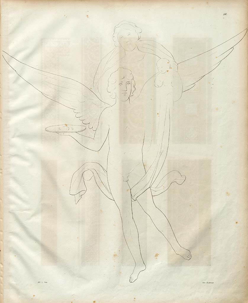 VII.9.7 and VII.9.8 Pompeii. Macellum.
Drawing by Zahn of flying figures from west wall, on black panel on left side of central painting.
Similar to the female flying figures from the black panel, on right side of central painting.
See Zahn, W., 1828-29. Die schönsten Ornamente und merkwürdigsten Gemälde aus Pompeji, Herkulanum und Stabiae: I. Berlin: Reimer, taf. 92.